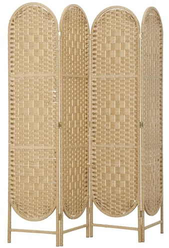 HOMCOM Biombo Separador de Ambientes de 4 Paneles, 160x170 cm, Pantalla de Privacidad Plegable Bohemio, con Parte Superior Arqueada, Tejido a Mano, Divisor Ligero para Oficina, Dormitorio, Natural