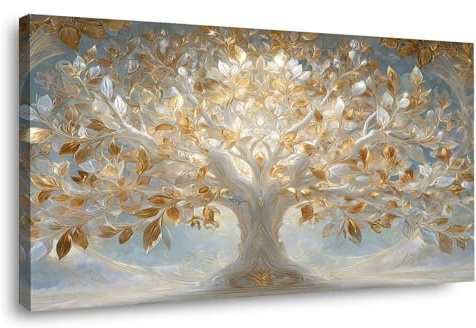 TODOAA Astratto Quadri Soggiorno Albero della vita Albero Fioritore a Foglia d'Oro Stampa su tela -Moderni Poster da parete Camera da letto Ufficio Decorazioni(Oro)-30x60cm Incorniciato