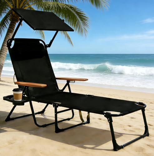 JHYCCDD Gartenliege mit Sonnendach, Strandliege Klappbar Leicht, Sonnenliege Klappbar, Gartenliege Wetterfest, Verstellbare Campingliege für Garten, Balkon, Camping, Strand (Schwarz, Mit Sonnendach)