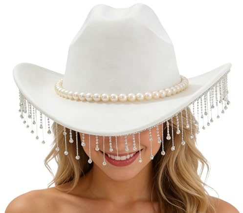 Mit Strasssteinen Verzierter Damen Cowboy Hut | Mit Einer Weiten Krempe Funkelnd Und Modisch,Mit Perlen Verzierter Glitzernder Cowboyhut | Für Musikkonzerte, Hochzeiten, Feiertage, Feierlichkeiten, Co