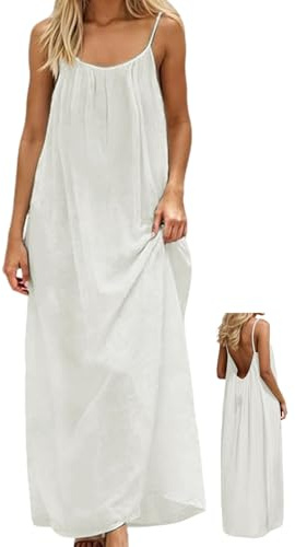 NobSuit Vestido maxi de verano para mujer, aspecto de lino, tirantes delgados y espalda descubierta, vestido de playa con cordón para salón, vacaciones y ocio, talla S-5XL