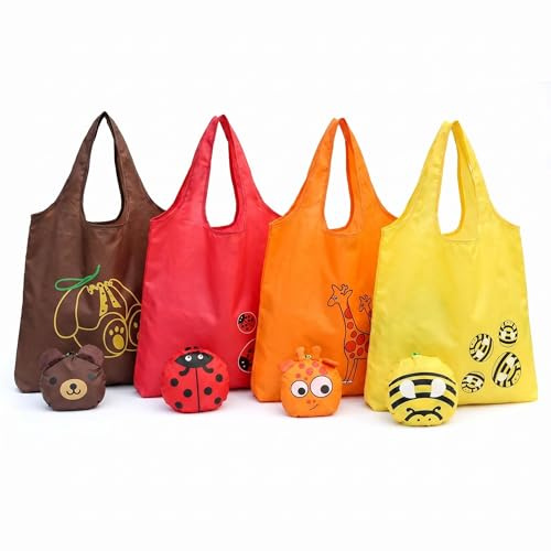 LUVDECO 4 Pack Foldable Reusable Shopping Bags with Cute Fruit & Animal Patterns, Large Waterproof Tote that Folds into Pouch for Grocery, Beach, Travel
