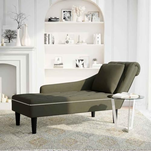 Chaiselong armégrön med kudde, konstläderöverdrag, 145 x 56 x 70 cm, höger armstöd, ergonomiskt vadderad, avslappningsstol för vardagsrum, kontor, läshörna, bekväm soffstol