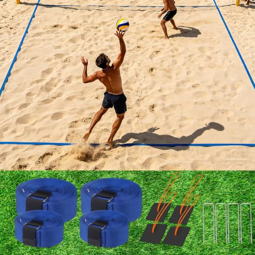 2-in-1 Beachvolleyball Linien, Spielfeldmarkierung mit Mittellinie, Tragbare Volleyball Feldlinien zum Fixieren für Sandstrand & Rasen, Beachvolleyball Platzlinien für Outdoor Sport