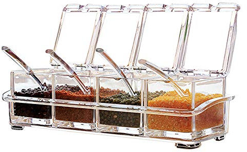 Sprießen 4-Piece Condimento Box Spezia Jar Cucina Scatola di Spezie Cucchiaio Utensili da Cucina Forniture,Cruet da 4 con 4 cucchiai e Vassoio