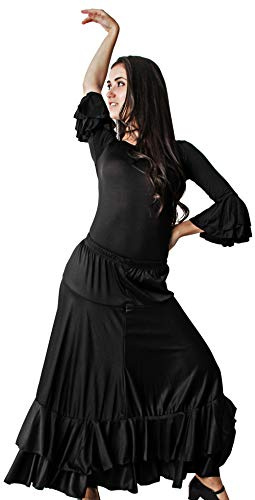 Gojoy shop- Traje Profesional de Baile Danza Flamenco o Sevillanas para Mujer de 2 Piezas (Contiene Body con Doble Volante en Manga y Falda en 6 Colores Disponibles) (Negro, M)