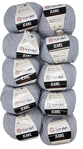 Ilkadim 10 x 50g Strickwolle YarnArt Jeans einfarbig mit 55% Baumwolle, 500 Gramm Wolle Uni (grau 80)