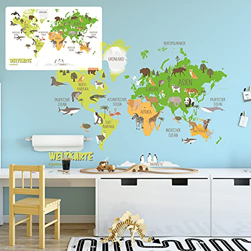 Weltkarte Kinder Sunnywall Wandtattoo Wandsticker | Kinderzimmer | Wohnzimmer | Aufkleber bunt Wanddeko (Größe 1)