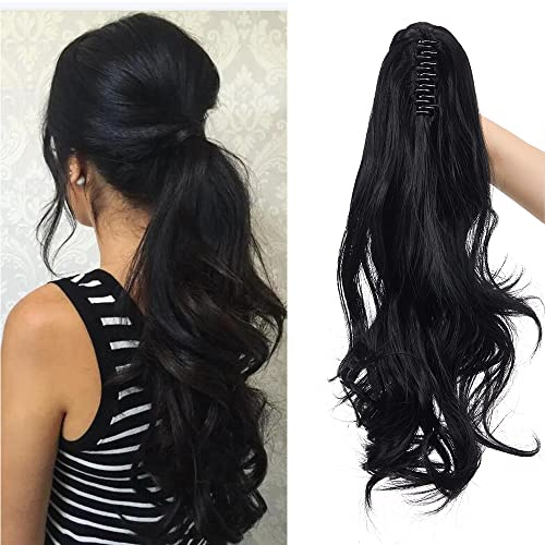 SEGO 45cm Pferdeschwanz Haarverlängerung Ponytail Haarteil Zopf Clip in Extensions Voluminös Claw on Synthetik Haare Gewellt Schwarz