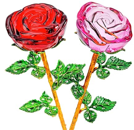 HDCRYSTALGIFTS Crystal Rose Flower Glass Pink and Rose Red Flower with Green Leaves for Wedding Anniversary/Wife, Romantic Forever Valentine's Gifts for Her (2 Stück)