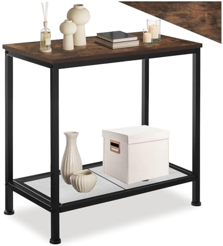 tectake® Beistelltisch Holz + Metall, Nachttisch schmal, Couchtisch mit Gitterablage, Konsolentisch, Tisch Wohnzimmer, Deko Schlafzimmer, Blumenständer - Industrial Holz dunkel, rustikal