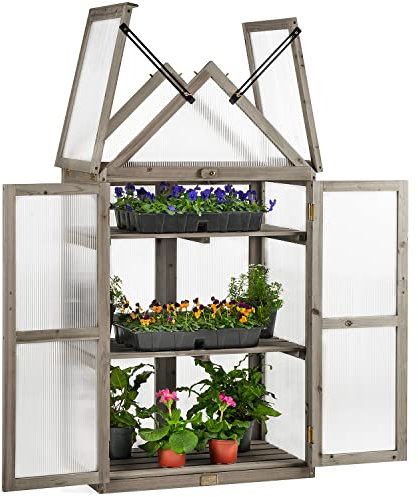 Christow Wooden Greenhouse Garden Cold Frame Lean To Grow House Polycarbonate Windows (H130cm x W70cm x D40cm) (Grey Finish)