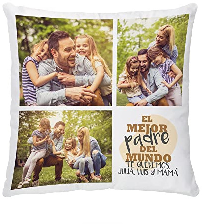 Made in Gift Cojín Personalizado con Fotos y Texto de Diseño Collage “El Mejor Padre del Mundo” Regalo Original para Padres