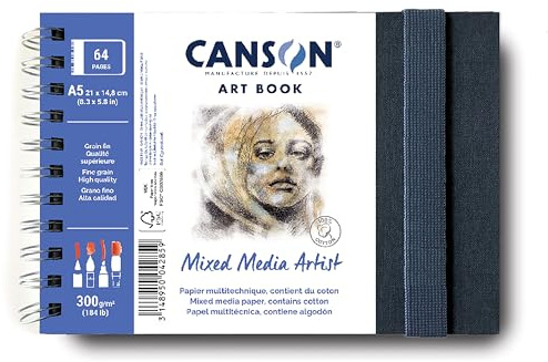 Canson Professional Book, Carta Multitecnica, Grana fine, 300g/m², Taccuino Spiralato lato corto, A5-14, 8x21cm, Bianco, 28 fogli