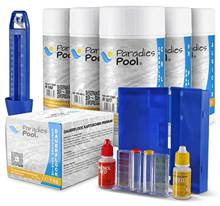 Wasserpflege-Set, 8-teilig, Chlor Granulat, Algenschutz, pH Plus Minus, Multi-Tabletten, Flockkartuschen, Pool-Reinigungsset inkl. Thermometer & Wassertester