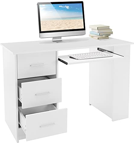 ML-Design Schreibtisch mit 3 Schubladen, 3 Regale und Tastaturauszug, 110x49x75 cm, Weiß, Stauraum, 3 Ablageflächen Arbeitstisch Bürotisch Büromöbel Computertisch Laptoptisch PC Tisch, für Heim/Büro