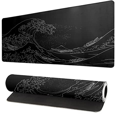 Brecoy Grand Tapis de Souris Japonais avec Vague de la mer Japonaise, Tapis de Jeu Kanagawa, sous-Main de Bureau, 3 mm d'épaisseur, Long, Base en Caoutchouc antidérapant, 80 x 30 cm