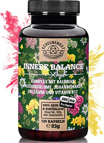 INNERE BALANCE® Passionsblume Johanniskraut Baldrian Hochdosiert -WICHTIG: Laborgeprüfte Markenkomplex Kapseln mit Hypericin, Hyperforin, Folsäure & Vitamin B12 DE SCHEUNENGUT®