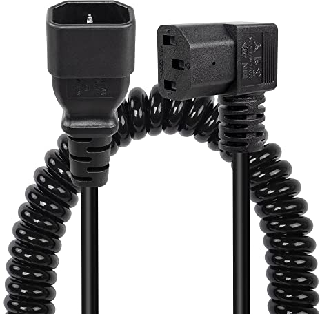 RIIEYOCA Cavo di prolunga per impieghi gravosi, angolo retto di 90 gradi da IEC 320 C13 femmina a IEC 320 C14 maschio Cavo a spirale 10A (2,3ft-5,9ft)