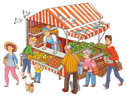 adrium Acryl-Bild 80 x 60 cm: Menschen kaufen Gemüse und Obst auf dem Straßenmarkt. Einkäufer flanieren im Sommer auf der örtlichen Kirmes. Lustige(170450925)