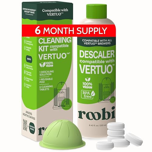 Roobi Cleaning & Descaling Kit for Nespresso Vertuoline. Includes 1 Bottle of Descaling Solution, 6 Cleaning Tablets and 1 Reusable Pod. Carbon Neutral Vertuoline Maintenance Kit. 6 Month Supply.