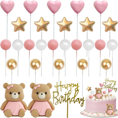 Rosa Kuchen Deko Mädchen, Teddybär Kuchen Deko, Baby Tortendeko, Rosa Bär Deko Happy Birthday Cake Topper DIY Tortendeko Hochzeit für Hochzeit Hochzeitstag Geburtstag Babyparty
