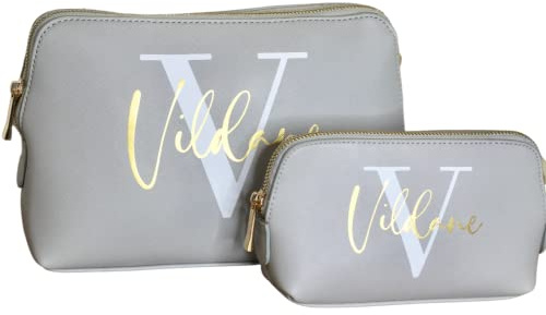 Personalisierte Kosmetiktasche mit Initial und Name SET grau Beauty Bag, Geschenk für Frauen Freundin Mama, Kulturtasche, Schminktasche, Make-Up Tasche Reisetasche Handtasche, Schminke