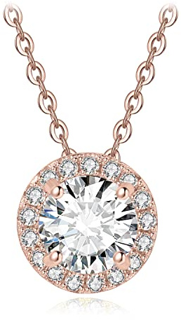 JewelryPalace Rund 1ct Moissanite Halo-Kedjehänge, Brudsmycken Med Simulerade Diamanter, Halsband För Damer Silver 925 Collier För Damer Med Sten, Smycken Till Kvinnor Roséguld 45cm