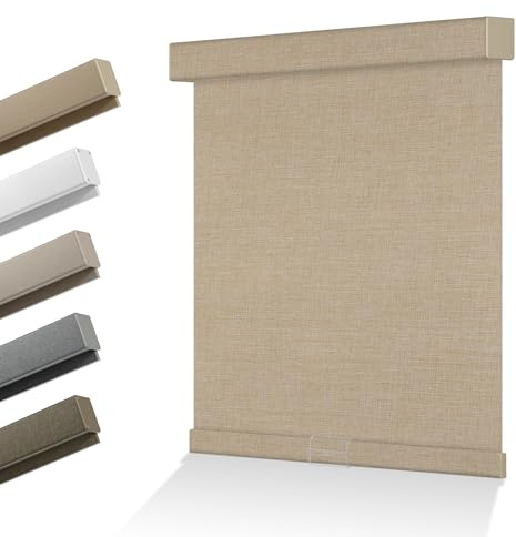 HOTSOON Blackout Linen Roller Shades for Windows Cordless Room Darkening Roller Blind Easy to Install with Cassette Valance Custom Window Shades for Home Office Living Room Beige, Custom Size
