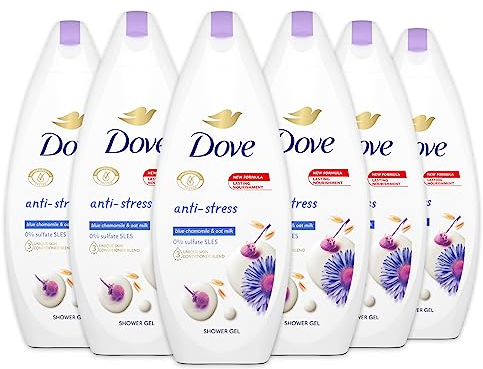 Dove Anti-Stress-Dusche mit Kamille, feuchtigkeitsspendendes Duschgel, milde Formel auf dem Hautmikrobiom, 97%* biologisch abbaubar, Duschbad für Damen und Herren, 12 Stück à 250 ml