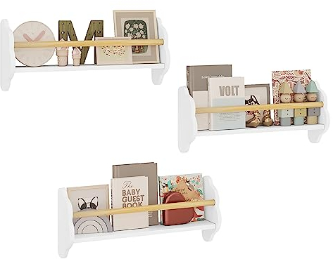WOLTU Bücherregal Kinder Wand 3er Set, Wandregal Kinderzimmer, Kinderregal für Buchaufbewahrung, aus Kiefernholz MDF, für Kinderzimmer Spielzimmer, Weiß