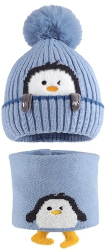 MASOCIO Set Cappello e Sciarpa Neonato Bambino Invernale Cappellino Scaldacollo Neonata Bambina Bimbo Bimba Caldo 2 Berretti Berretto PON PON 6 12 18 Mesi Cuffia Ragazzo 1-3 Anni Blu