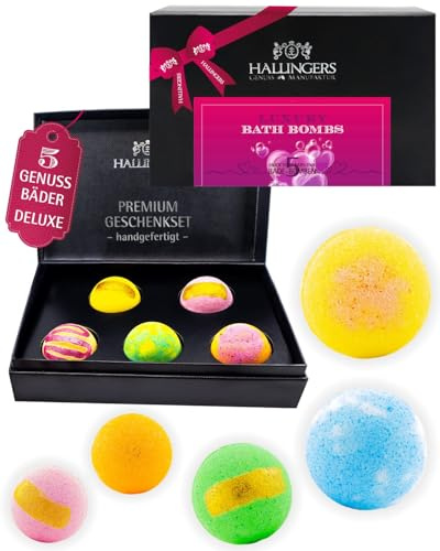 Hallingers Genuss Manufaktur Badebomben Geschenk-Set - 5x Badekugeln Bath Bombs in edler Geschenkbox, Frauen Badeperlen-Wellness & Spa Luxury Bath Bom..., Geschenkidee für Frauen Freundin