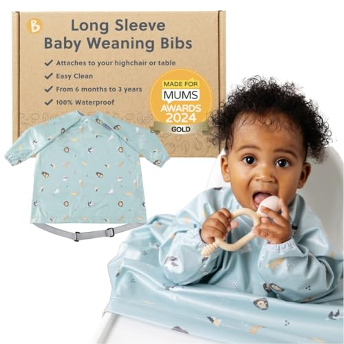 BIBaDO Babero de manga larga para bebés y niños pequeños de 6 a 36 años. Babero de alimentación para bebés a prueba de desorden que se fija a sillas altas, cochecitos y mesas. 100% impermeable,