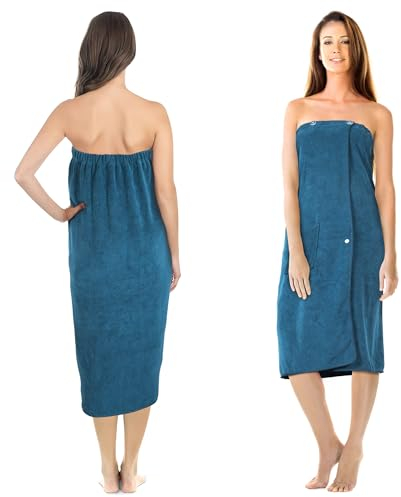 Jokisa Saunakilt Damen, Saunahandtuch mit Knöpfen–Saunatuch Damen aus 400 g/m² Mikrofaser, mit Taschen und Gummiband, Handtuchkleid Geeignet für Sauna, Badezimmer, Schwimmbad (Blue)