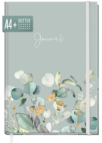 paper&you® Dotted Journal A4+ mit Gummiband Minty Leaves 156 Seiten, Notizbuch gepunktet, Skizzenbuch, Tagebuch - nachhaltig & klimafreundlich