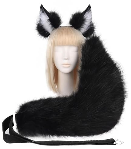 Asudaro Werwolf Katze Cosplay Kostüm Tier Katzenohr Niedlicher Fuchsschwanz und Ohren Dekorativ Großer Tierischer Schwanz Kostüm Spielzeug für Frauen Mädchen Halloween Kostüm Schwarz und weiß