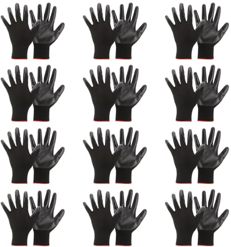PATIKIL 12 Pares Seguridad Trabajo Guantes Nitrilo Recubiertos Trabajo Guante Mecánico Trabajo Guante Poliuretano Liso Revestido Guante para Almacén Construcción Jardinería Negro
