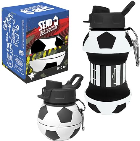 SENDUP Borraccia Calcio BIANCO/NERI Squadra del Cuore, 550ml Pieghevole a 200ml, Senza BPA, Infrangibile, Lavabile Lavastoviglie, Tappo Vite Igienico, Materiale dal Silicio, Regalo Sportivo Ecologico