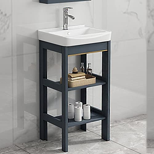 Lavandino da bagno in ceramica con piedistallo, lavandini per lavanderia, recipiente in porcellana rettangolare con gambe in metallo in acciaio inossidabile, mobiletto portaoggetti (nero L43xW35xH82cm