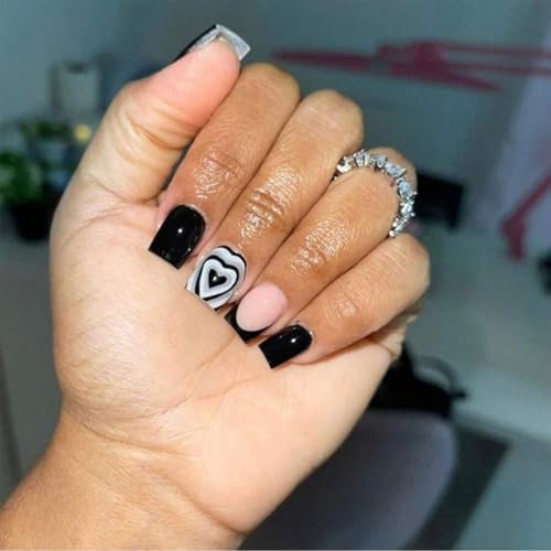 Kabwea Unghie Artificiali Set 24 Pezzi, Bianco e Nero Cuore Francese Disegno Ideale Per Varie Occasioni, San Valentino