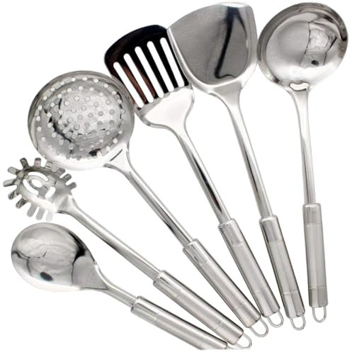 Muzrunq Juego de utensilios de cocina de acero inoxidable, 6 piezas, resistente al calor, ergonómico y cómodo, para hogar y restaurante