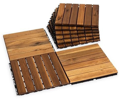 VICTORY RELAX Natural Acacia 12x12 Interlocking Wood Deck Tiles for Balcony, Garden, Patio, Poolside Decor - Waterproof Indoor & Outdoor Flooring - 6 Slats, Square Joints, Pack 9, Natural Color