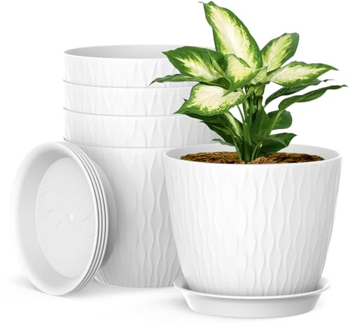 Homeuouz 5 Packs Blumentopf mit Bewässerungssystem, 17.8cm Pflanzentopf mit Bewässerungssystem, Übertopf mit Untersetzer, Blumentöpfe Set Ideal für Innen und Balkongärten,Weiß
