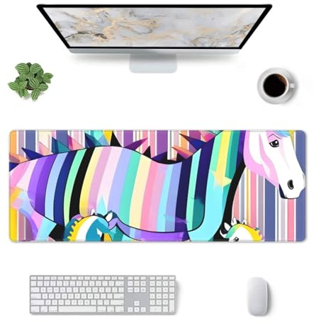 BBEXJIGY Grand tapis de clavier en caoutchouc pour bureau, jeux, ordinateur portable, motif licornes sur rayures colorées 29 x 80 cm