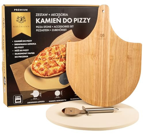 KARL HAUSMANN Pietra Refrattaria per Pizza da Forno - 33x33 cm - Pietra in Cordierite - Set pizza con Pietra Refrattaria, Rotella Tagliapizza, Pala per Pizza, Carta in Silicone