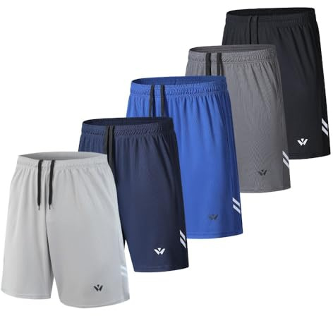 fovdtaa Paquete de 5 pantalones cortos deportivos para hombre, pantalones cortos deportivos con bolsillos y cintura elástica, pantalones cortos de entrenamiento de secado rápido para hombre