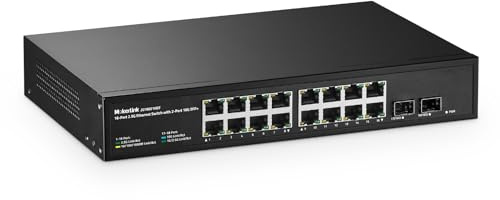 MokerLink Commutateur Ethernet 16 ports 2,5 Gigabit avec 2 ports SFP+ 10 G, 16 ports RJ45 2,5 G compatibles 10/100/1000 Mbps, commutateur réseau Rackmount sans ventilateur en métal non