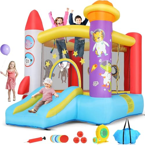 Château Gonflable pour Enfants avec Toboggan, Souffleur, Fusée Spatiale Rouge, Château Gonflable pour Enfants avec Souffleur Et Tir De Balles, Maison Gonflable Intérieure/Extérieure