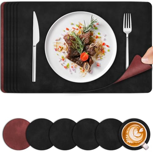Tischsets Abwaschbar 6 Set, Platzsets Leder Doppelseitigen und Untersetzer, Platzdeckchen Hitzebeständig rutschfest Schmutzabweisend, für Kinder, Schwarz Rot - 44.5 * 30cm